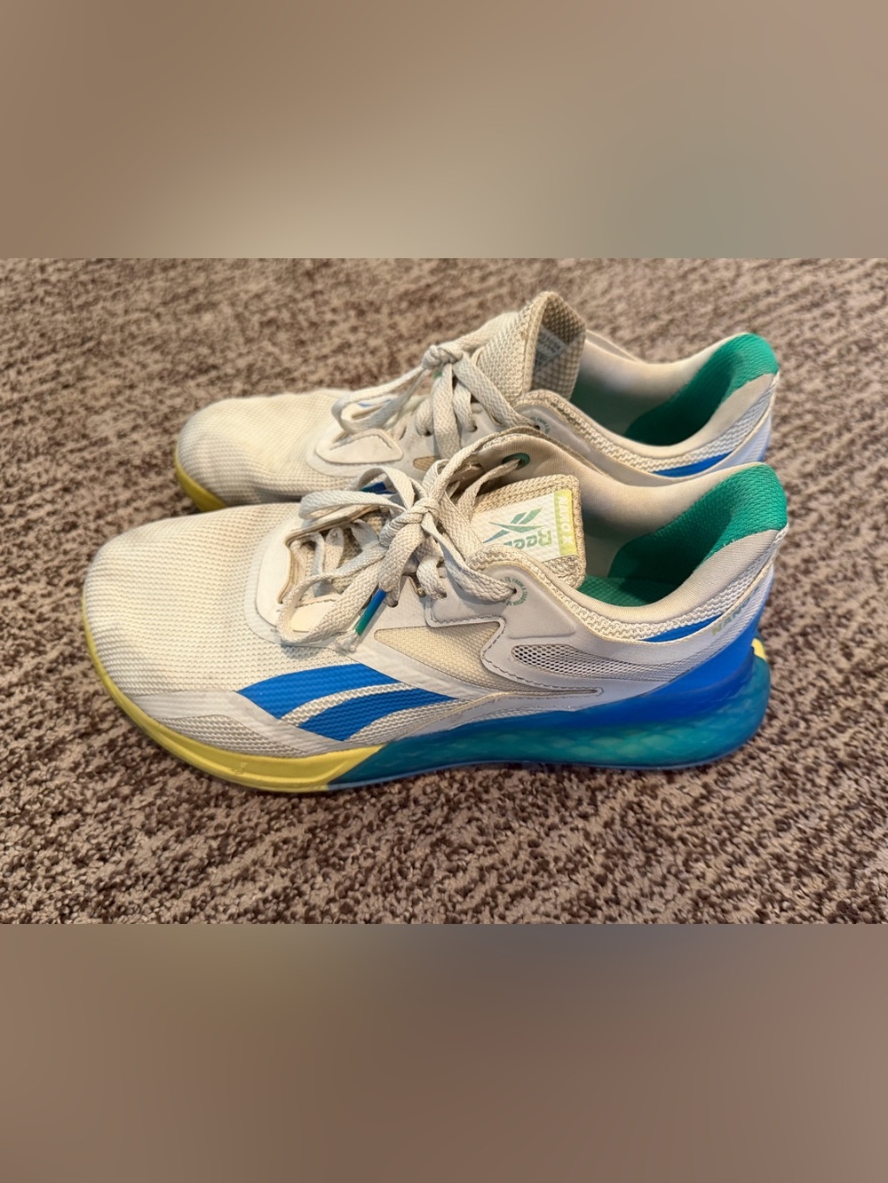 Reebok nano women’s White Sneakers with Blue & Yellow Accents